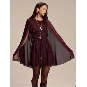 Commense Mesh Cape Sleeve Tie-Waist Mini Dress Burgundy  NWT, Size M